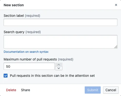 New section dialog